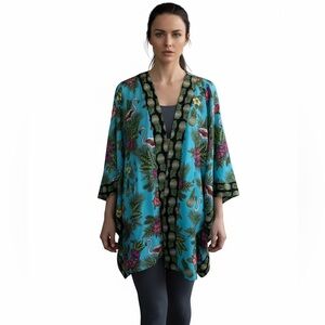 Quaker Factory Turquoise Tropical Flamingo Print Open Front Kimono Cover-Up 1X